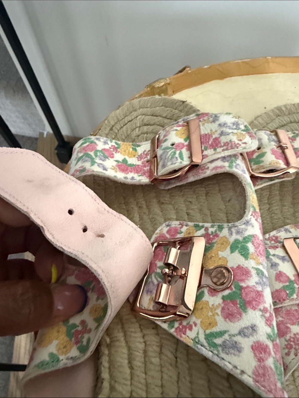 LoveShackFancy Floral Double Buckle Espadrille Slide Sandals in Pink and Yellow - Picture 5 of 5